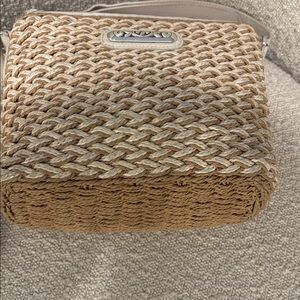 Brighton White and Tan Woven Crossbody Bag with genuine leather trim